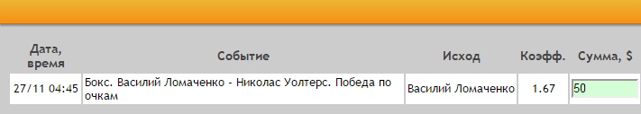 Ставка на Бокс. Василий Ломаченко – Николас Уолтерс. Прогноз на бой за титул чемпиона мира по версии WBO (до 59 кг) (27.11.2016) - не прошла.