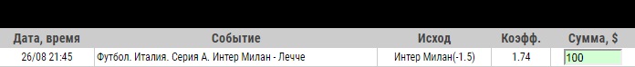 Ставка на Серия А. Интер – Лечче. Прогноз от профессионалов на матч 26.08.19 - прошла.