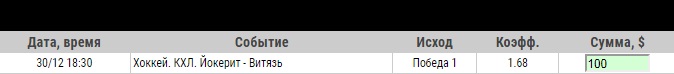 Ставка на КХЛ. Йокерит – Витязь. Прогноз и ставка на матч 30 декабря 2019 года - прошла.