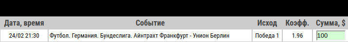 Ставка на Бундеслига. Айнтрахт Франкфурт – Унион Берлин. Прогноз на матч 24.02.2020 - ожидается.