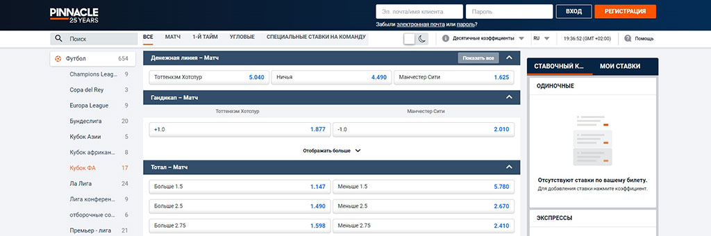 коэффициенты Pinnacle на матч Тоттенхэм – Манчестер Сити