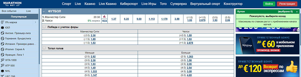 Коэффициенты на матч Манчестер Сити – Челси Marathonbet