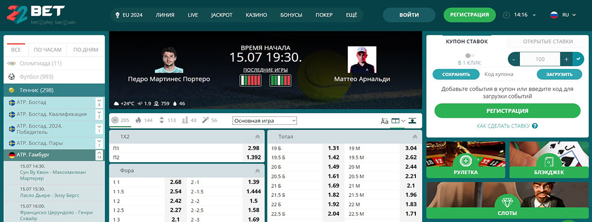 Коэффы БК 22Bet на Мартинес Портеро – Арнальди
